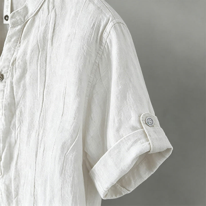 Buddha Stones Color sólido manga corta medio botón camisa lino y algodón hombres ropa - image 42