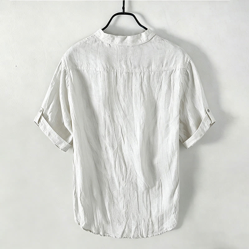 Buddha Stones Color sólido manga corta medio botón camisa lino y algodón hombres ropa - image 39
