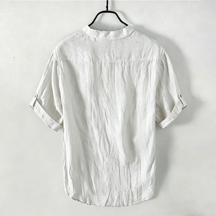 Buddha Stones Color sólido manga corta medio botón camisa lino y algodón hombres ropa - image 39