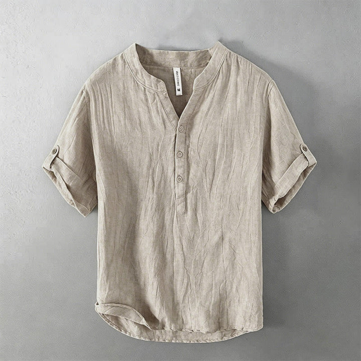 Buddha Stones Color sólido manga corta medio botón camisa lino y algodón hombres ropa - Diseño de manga 3/4 enrollable - Lino - US/UK/AU50, EU60 (5XL) - image 45