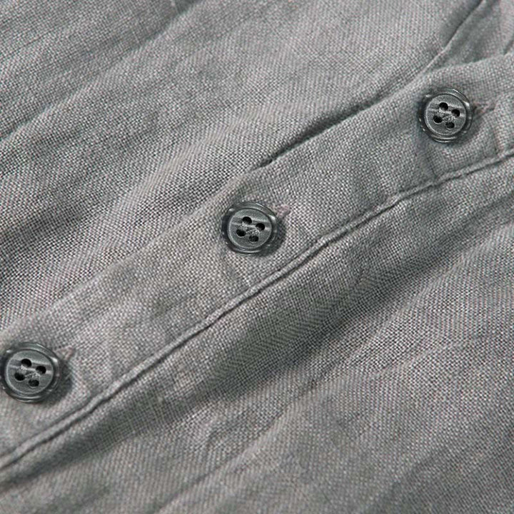 Buddha Stones Color sólido manga corta medio botón camisa lino y algodón hombres ropa - image 34