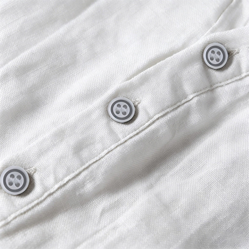 Buddha Stones Color sólido manga corta medio botón camisa lino y algodón hombres ropa - image 41