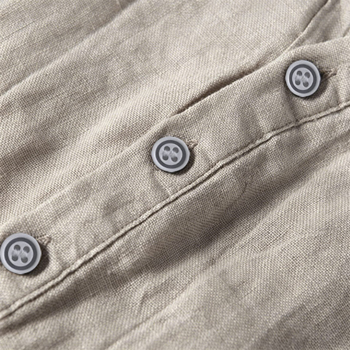 Buddha Stones Color sólido manga corta medio botón camisa lino y algodón hombres ropa - image 48