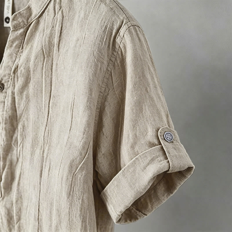 Buddha Stones Color sólido manga corta medio botón camisa lino y algodón hombres ropa - image 49