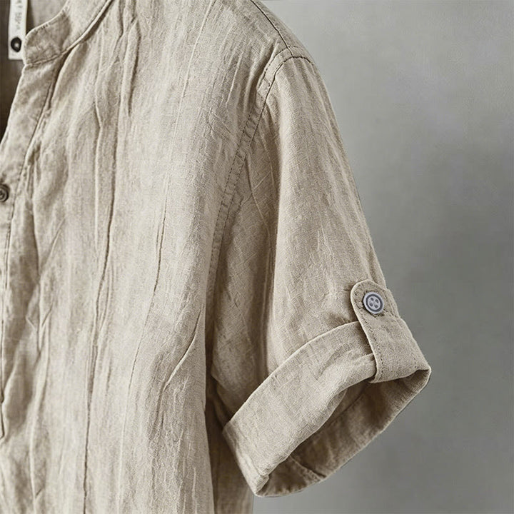 Buddha Stones Color sólido manga corta medio botón camisa lino y algodón hombres ropa - image 49