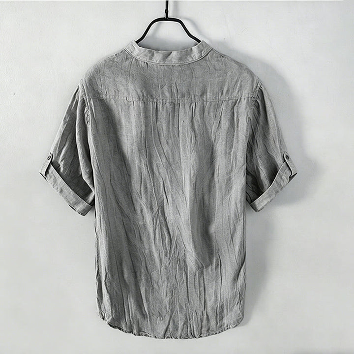 Buddha Stones Color sólido manga corta medio botón camisa lino y algodón hombres ropa - image 32