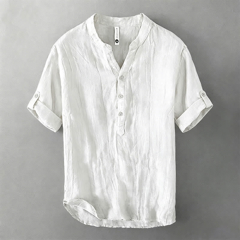 Buddha Stones Color sólido manga corta medio botón camisa lino y algodón hombres ropa - Diseño de manga 3/4 enrollable - Blanco - US/UK/AU50, EU60 (5XL) - image 38