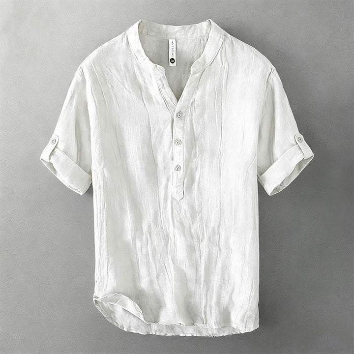 Buddha Stones Color sólido manga corta medio botón camisa lino y algodón hombres ropa - Diseño de manga 3/4 enrollable - Blanco - US/UK/AU50, EU60 (5XL) - image 38