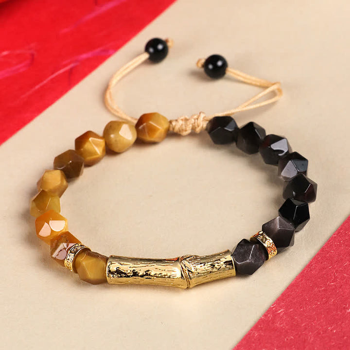 Buddha Stones Pulsera facetada de obsidiana ojo de tigre con brillo plateado y crecimiento de bambú - Obsidiana con brillo plateado y ojo de tigre dorado - Ojo de Tigre (Protección♥Fuerza) - image 2