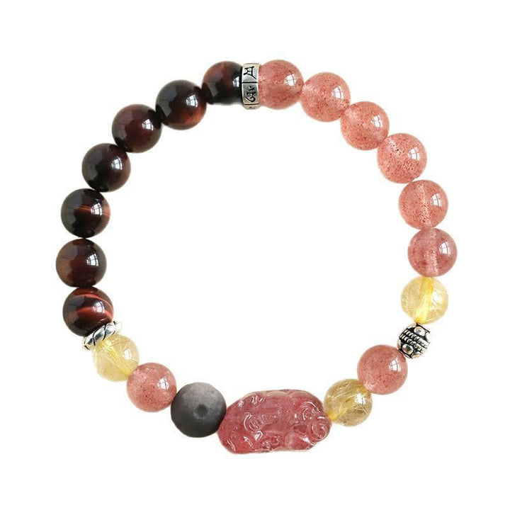 Buddha Stones Pulsera para parejas tallada a mano con cuarzo fresa y obsidiana con brillo plateado Pixiu Love. - image 9
