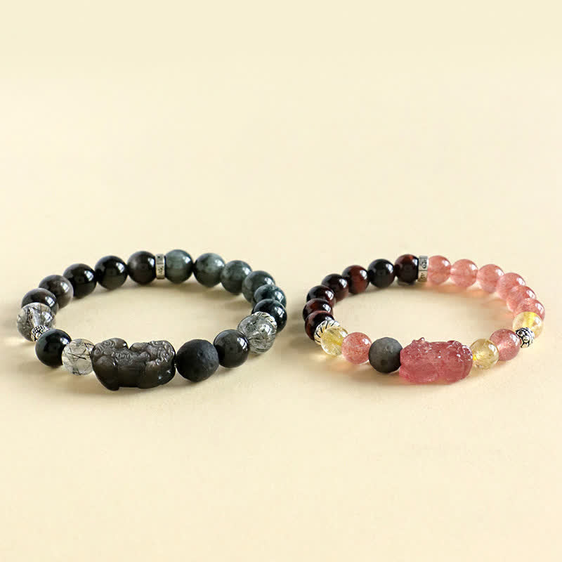 Buddha Stones Pulsera para parejas tallada a mano con cuarzo fresa y obsidiana con brillo plateado Pixiu Love. - image 8