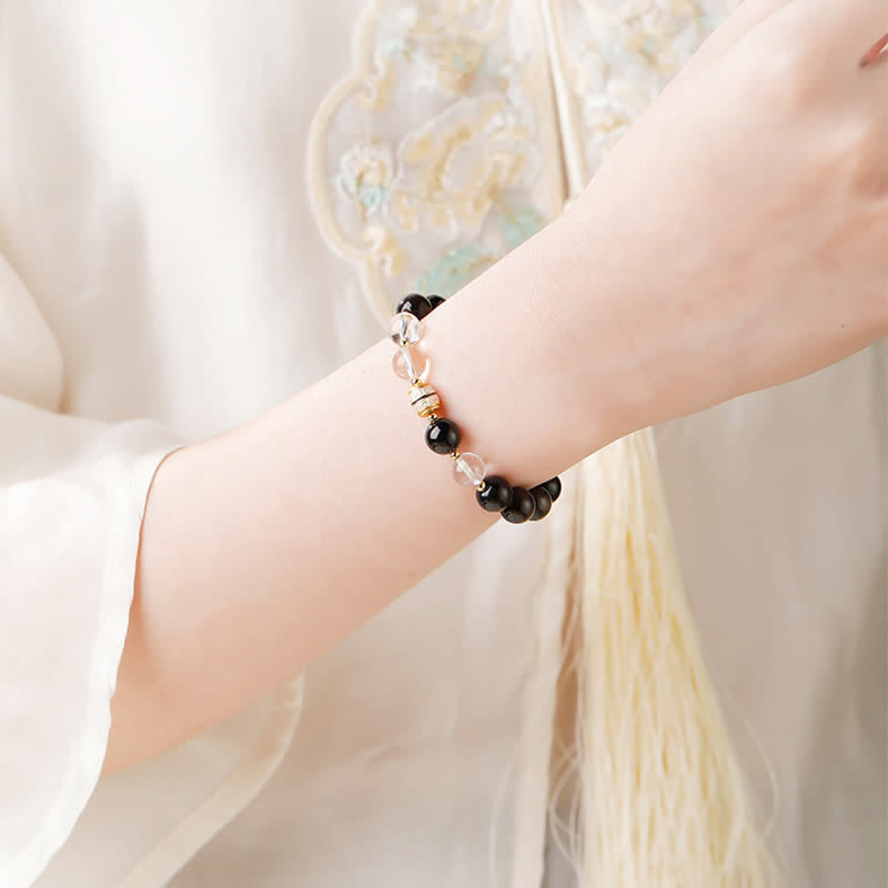 Buddha Stones Pulsera redonda protectora de cuentas Dzi de obsidiana con brillo plateado - image 8