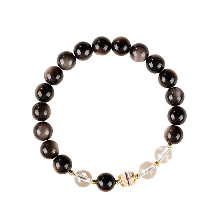Buddha Stones Pulsera redonda protectora de cuentas Dzi de obsidiana con brillo plateado - image 11