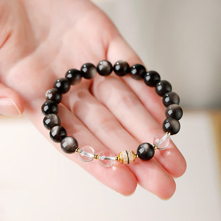 Buddha Stones Pulsera redonda protectora de cuentas Dzi de obsidiana con brillo plateado - image 7