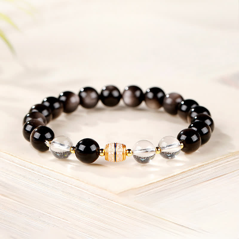Buddha Stones Pulsera redonda protectora de cuentas Dzi de obsidiana con brillo plateado - image 4