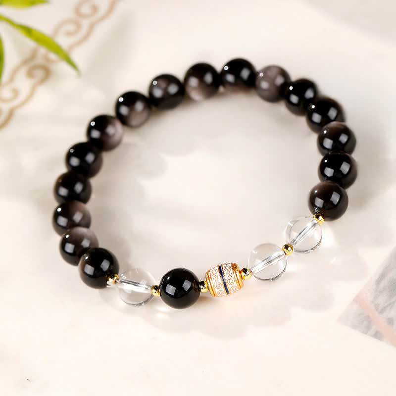 Buddha Stones Pulsera redonda protectora de cuentas Dzi de obsidiana con brillo plateado - image 3
