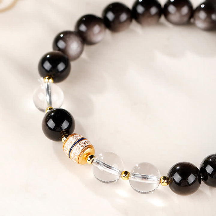 Buddha Stones Pulsera redonda protectora de cuentas Dzi de obsidiana con brillo plateado - image 9