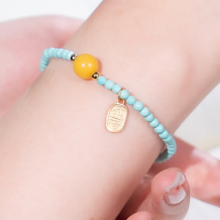 Buddha Stones Pulsera de cuentas hecha a mano con el carácter Fu de color turquesa. - image 8