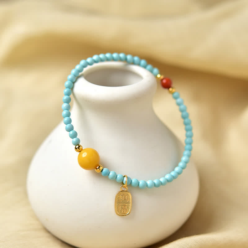 Buddha Stones Pulsera de cuentas hecha a mano con el carácter Fu de color turquesa. - image 4
