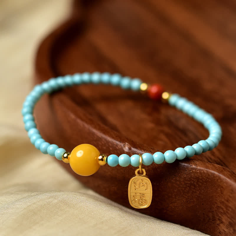 Buddha Stones Pulsera de cuentas hecha a mano con el carácter Fu de color turquesa. - image 2
