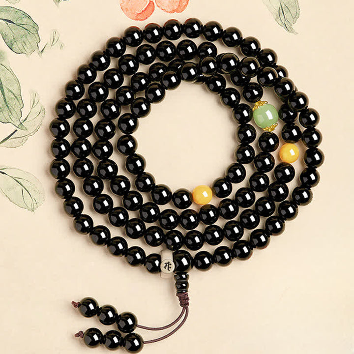 Buddha Stones Mala de obsidiana negra con borla de 108 cuentas, protección del zodíaco chino, pulida a mano. - Bodhisattva Mahasattva del caballo - 8 mm - image 4