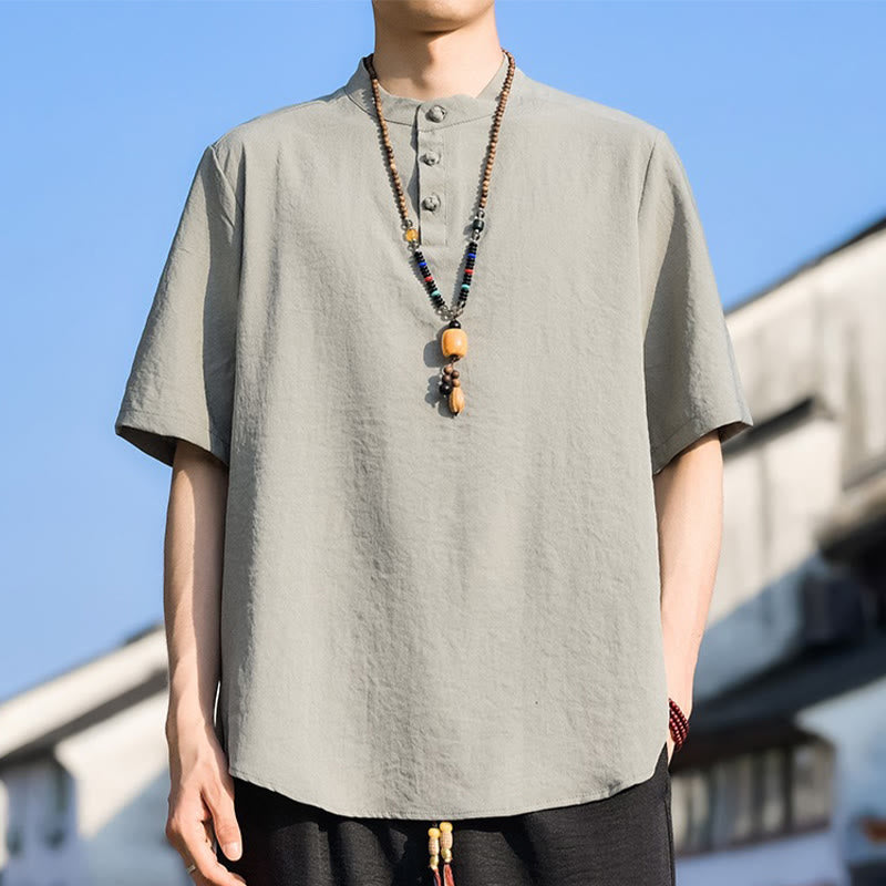 Buddha Stones Camisa de manga corta para hombre, color liso, con cuello mandarín y tres botones, estilo casual de verano. - Old Lace - US/UK/AU48, EU58 (5XL) - image 0
