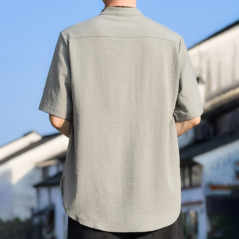 Buddha Stones Camisa de manga corta para hombre, color liso, con cuello mandarín y tres botones, estilo casual de verano. - image 3