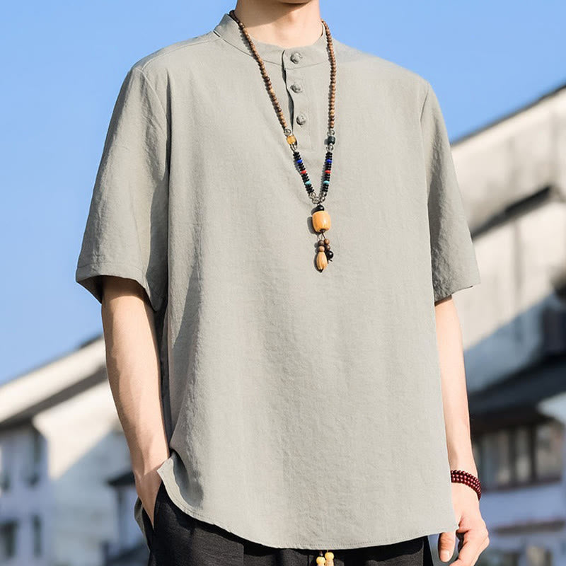 Buddha Stones Camisa de manga corta para hombre, color liso, con cuello mandarín y tres botones, estilo casual de verano. - image 4