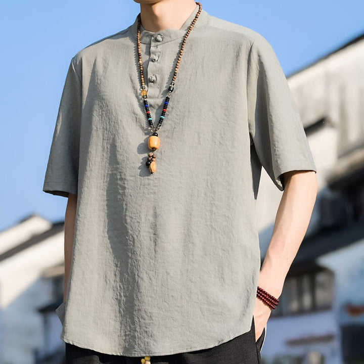 Buddha Stones Camisa de manga corta para hombre, color liso, con cuello mandarín y tres botones, estilo casual de verano. - image 5