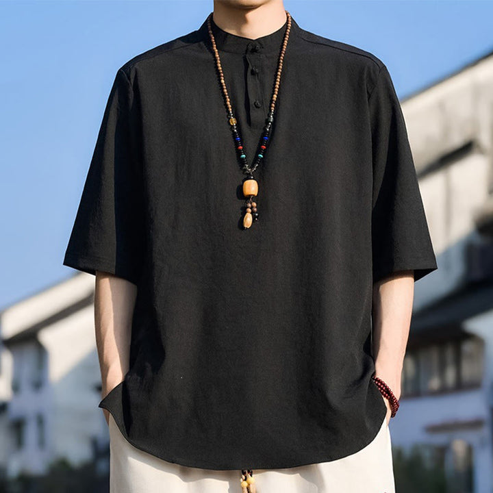 Buddha Stones Camisa de manga corta para hombre, color liso, con cuello mandarín y tres botones, estilo casual de verano. - Negro - US/UK/AU48, EU58 (5XL) - image 6