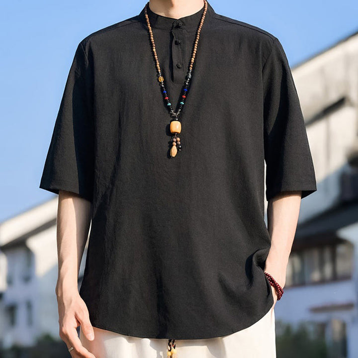 Buddha Stones Camisa de manga corta para hombre, color liso, con cuello mandarín y tres botones, estilo casual de verano. - image 13