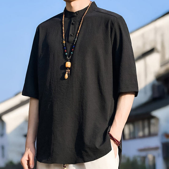 Buddha Stones Camisa de manga corta para hombre, color liso, con cuello mandarín y tres botones, estilo casual de verano. - image 7