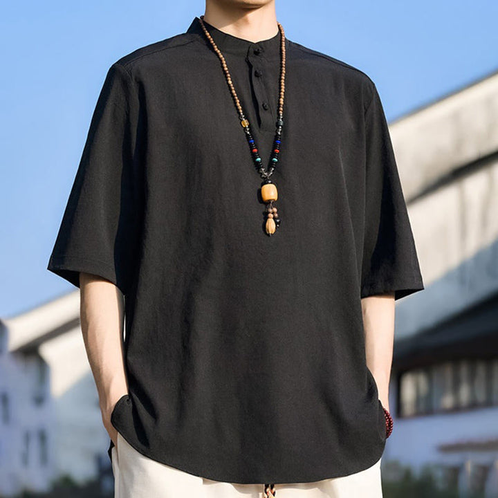 Buddha Stones Camisa de manga corta para hombre, color liso, con cuello mandarín y tres botones, estilo casual de verano. - image 9