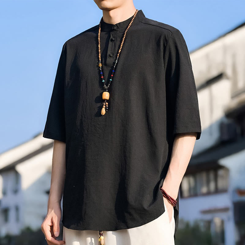 Buddha Stones Camisa de manga corta para hombre, color liso, con cuello mandarín y tres botones, estilo casual de verano. - image 10