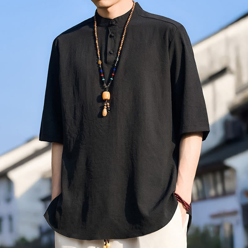 Buddha Stones Camisa de manga corta para hombre, color liso, con cuello mandarín y tres botones, estilo casual de verano. - image 8