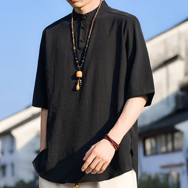 Buddha Stones Camisa de manga corta para hombre, color liso, con cuello mandarín y tres botones, estilo casual de verano. - image 11