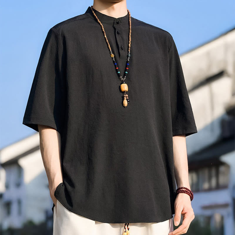 Buddha Stones Camisa de manga corta para hombre, color liso, con cuello mandarín y tres botones, estilo casual de verano. - image 12
