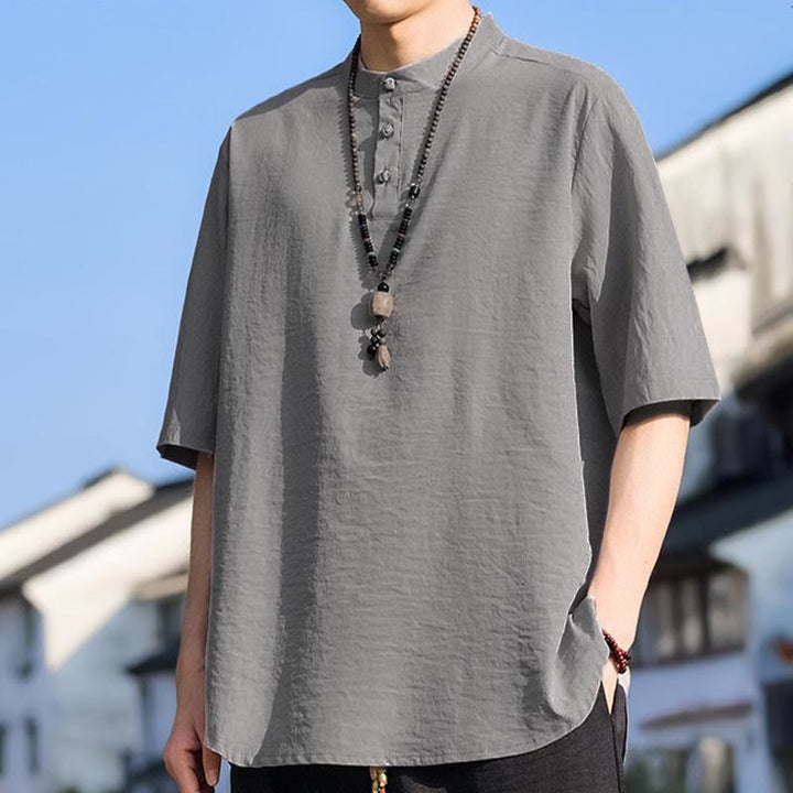 Buddha Stones Camisa de manga corta para hombre, color liso, con cuello mandarín y tres botones, estilo casual de verano. - image 17