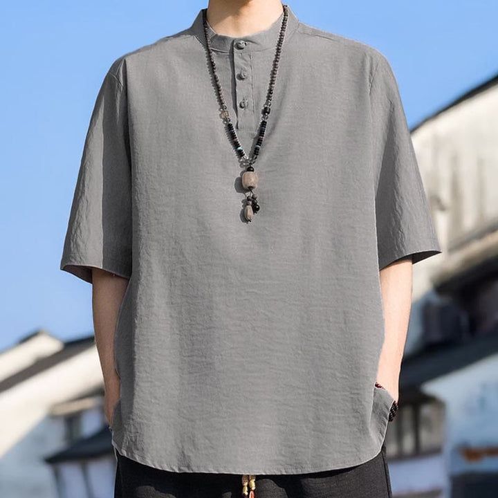 Buddha Stones Camisa de manga corta para hombre, color liso, con cuello mandarín y tres botones, estilo casual de verano. - image 19