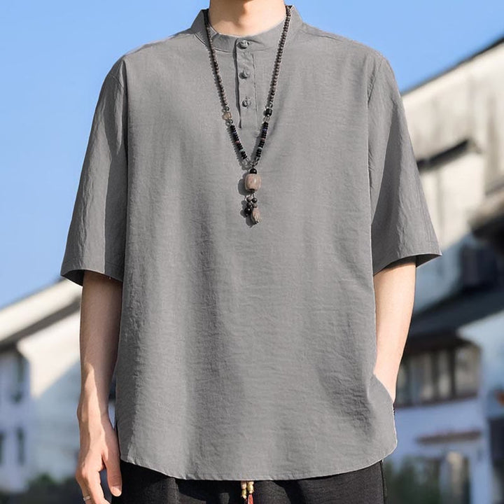 Buddha Stones Camisa de manga corta para hombre, color liso, con cuello mandarín y tres botones, estilo casual de verano. - Gris claro - US/UK/AU48, EU58 (5XL) - image 14