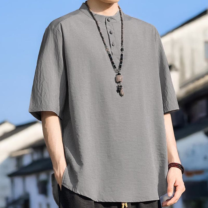 Buddha Stones Camisa de manga corta para hombre, color liso, con cuello mandarín y tres botones, estilo casual de verano. - image 21
