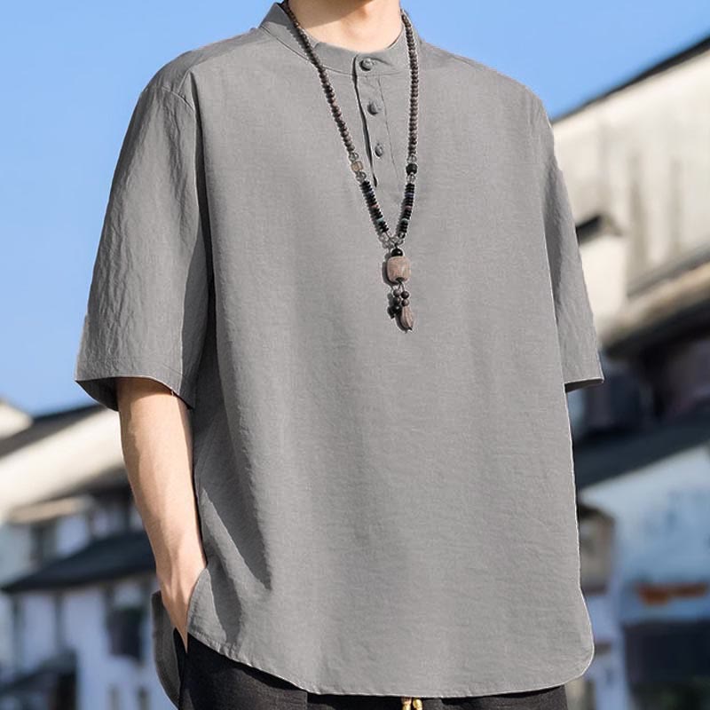 Buddha Stones Camisa de manga corta para hombre, color liso, con cuello mandarín y tres botones, estilo casual de verano. - image 15