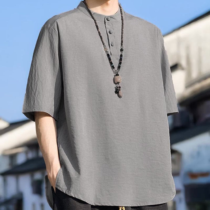 Buddha Stones Camisa de manga corta para hombre, color liso, con cuello mandarín y tres botones, estilo casual de verano. - image 15