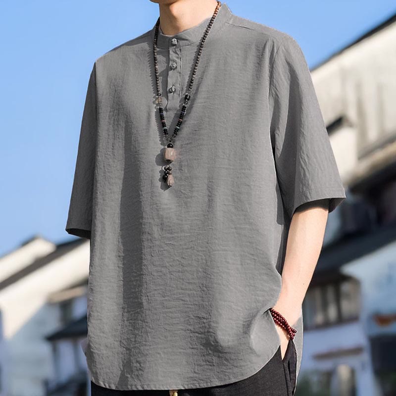 Buddha Stones Camisa de manga corta para hombre, color liso, con cuello mandarín y tres botones, estilo casual de verano. - image 20