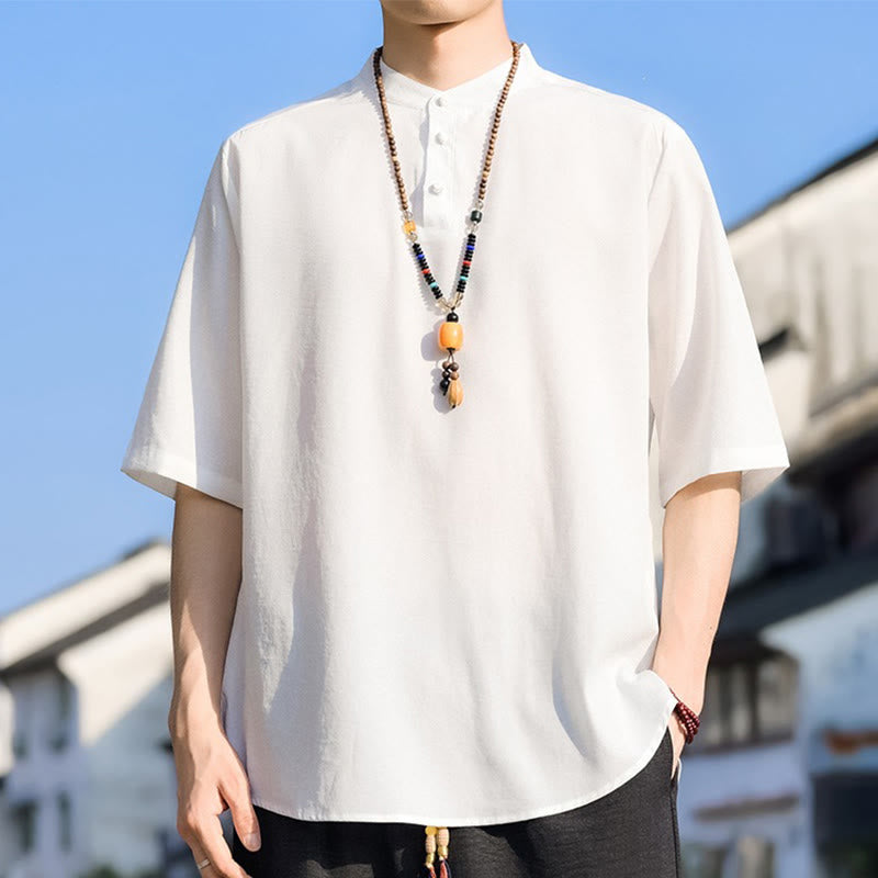 Buddha Stones Camisa de manga corta para hombre, color liso, con cuello mandarín y tres botones, estilo casual de verano. - Blanco - US/UK/AU48, EU58 (5XL) - image 22