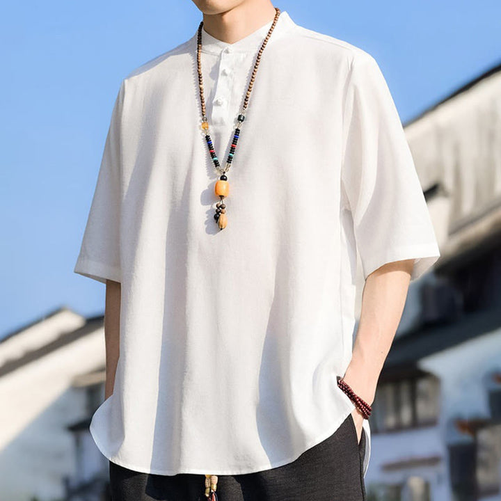 Buddha Stones Camisa de manga corta para hombre, color liso, con cuello mandarín y tres botones, estilo casual de verano. - image 24