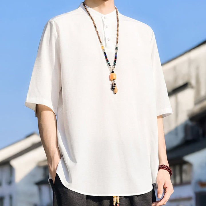 Buddha Stones Camisa de manga corta para hombre, color liso, con cuello mandarín y tres botones, estilo casual de verano. - image 23