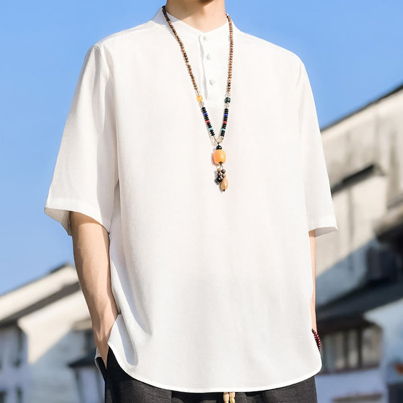 Buddha Stones Camisa de manga corta para hombre, color liso, con cuello mandarín y tres botones, estilo casual de verano. - image 25
