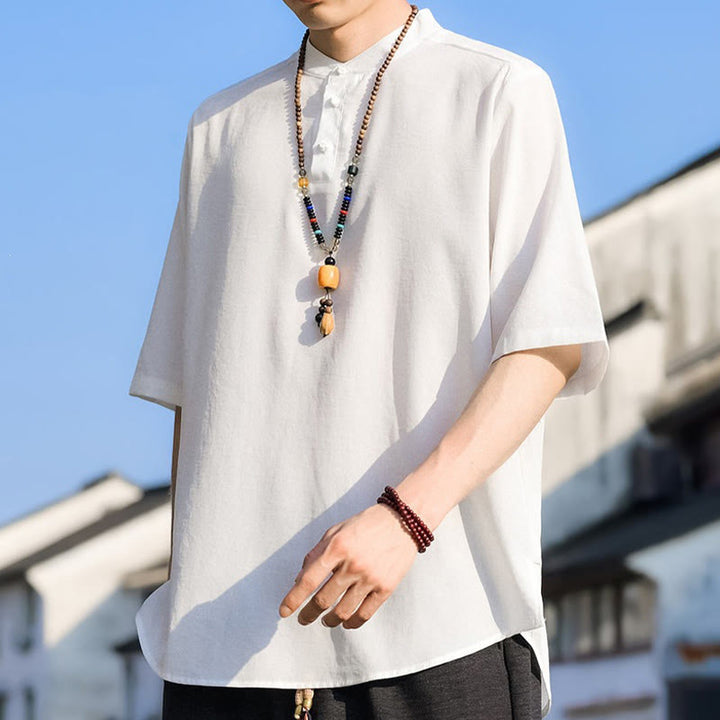Buddha Stones Camisa de manga corta para hombre, color liso, con cuello mandarín y tres botones, estilo casual de verano. - image 26