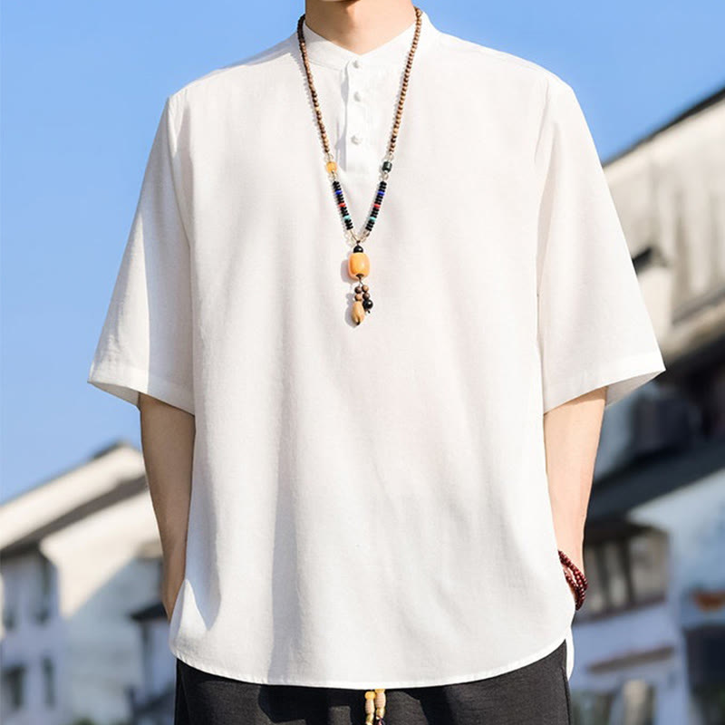 Buddha Stones Camisa de manga corta para hombre, color liso, con cuello mandarín y tres botones, estilo casual de verano. - image 27